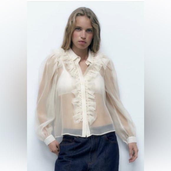 Zara romantic organza blouse, white size XS (NWT) - Picture 1 of 10